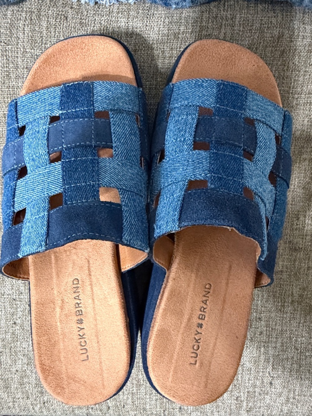 Lucky Brand Blue Woven Denim Slide Sandals